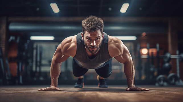 Athlete doing push up in a gym.
