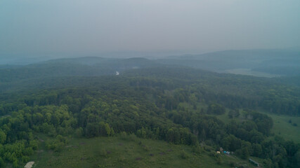 Naklejka premium A forest and marsh in the country during a hazy sunset because of wild forest fires