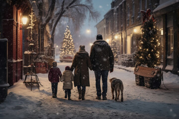 Family evening winter walk, snowy city streets, two children, dog, city lights.