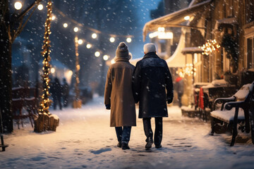 Two elderly gentlemen take a snowy stroll through the city, their backs to the viewers, enchanted by the glowing lanterns.
