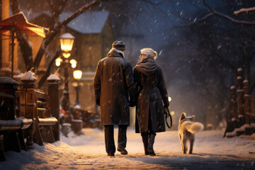 With snow beneath their feet, a pair of elderly individuals enjoys a serene stroll through the city's winter charm, accompanied by their faithful pet. - obrazy, fototapety, plakaty