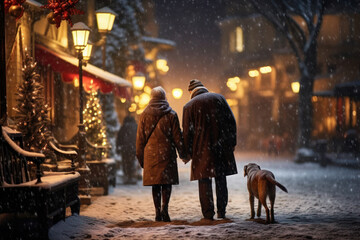 In the wintry night, a senior couple takes a romantic walk with their furry friend through the snow-covered streets, beautifully illuminated by sparkling holiday lights.