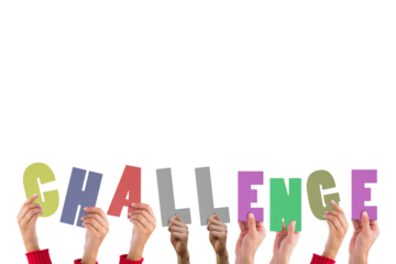 Digital png illustration of hands with challenge text on transparent background