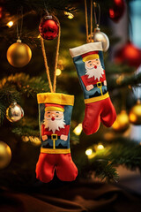 hanging red Christmas stockings filled with gifts, copy space, green background. AI generative