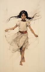 An evocative sketch of a child in a free-spirited pose, emphasizing the winds of change and growth.
