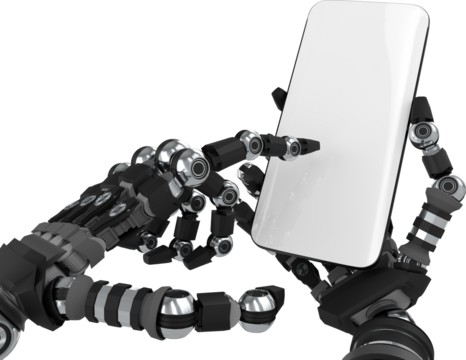 Digital png illustration of robotic hands with smartphone on transparent background