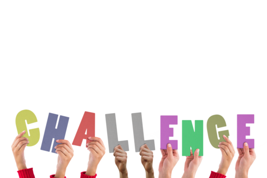 Digital png illustration of hands with challenge text on transparent background