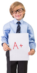 Digital png photo of back of happy caucasian schoolboy with sheet of paper on transparent background