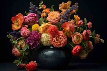 A display of colorful blooms arranged in a container. Generative AI