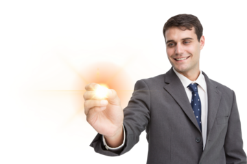 Digital png photo of happy caucasian businessman pointing on transparent background
