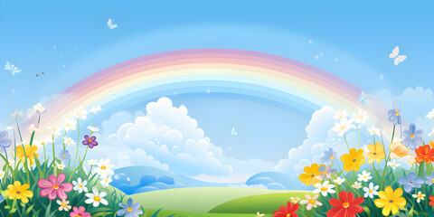 Fototapeta na wymiar Nature landscape with rainbow illustration background