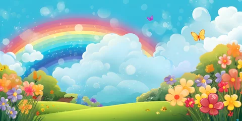 Cercles muraux Chambre denfants Nature landscape with rainbow illustration background