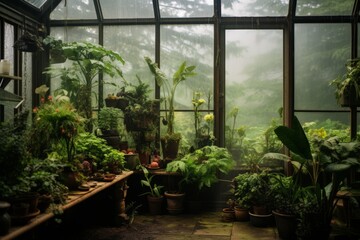Fototapeta na wymiar Aesthetic fogged-up greenhouse full of plants in a serene countryside