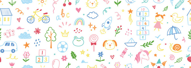Kindergarten doodle vector background. Hand drawn doodle style children cute seamless pattern, preschool wallpaper. Kids education simple background with toy, car, house elements. Vector illustration