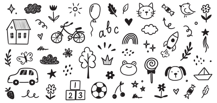 Children school, kindergarten vector doodle set. Cute daycare hand drawn flower, toy, animal elements. Childish cute preschool activity, education doodle background. Vector illustration.