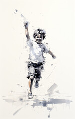 Masterful union of pencil lines and watercolor strokes illustrating a cheerful boy running, embodying youthful elation and vivacity.
