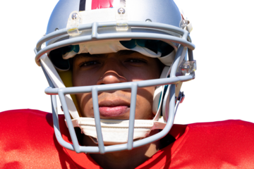Digital png photo of biracial male american football player with helmet on transparent background