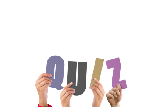 Digital png illustration of hands with quiz text on transparent background - Powered by Adobe