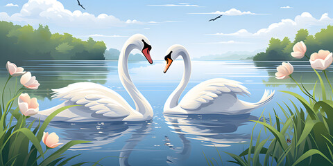 Obraz premium A couple swan in the lake romantic illustration background
