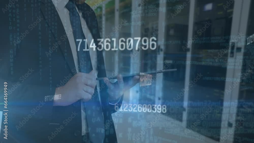 Poster animation of data processing over caucasian businessman using tablet by computer servers