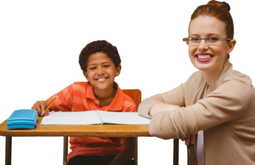 Digital png photo of happy diverse schoolboy and female teacher on transparent background