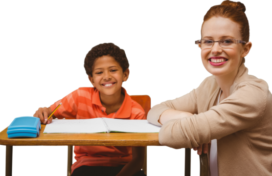 Digital png photo of happy diverse schoolboy and female teacher on transparent background