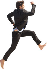 Fototapeta na wymiar Digital png photo of happy caucasian businessman running barefoot on transparent background