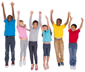 Digital png photo of happy diverse children jumping on transparent background