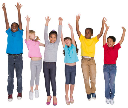 Digital png photo of happy diverse children jumping on transparent background