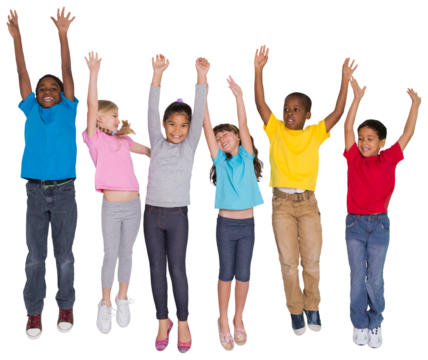 Digital png photo of happy diverse children jumping on transparent background - Powered by Adobe