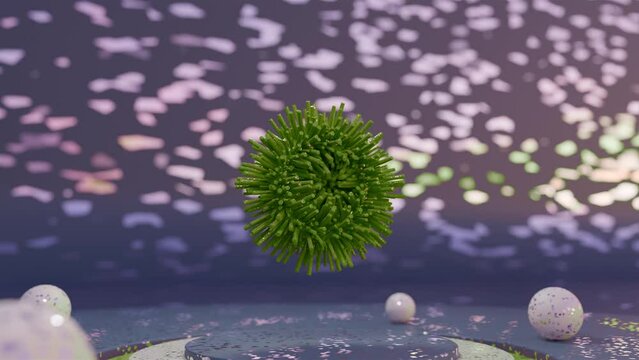 Green rubbery object in the middle and white globes on the floor