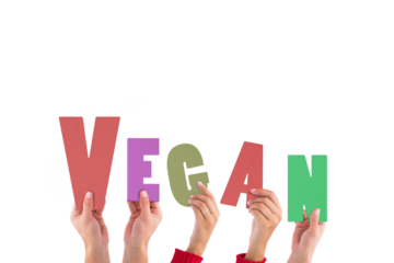 Digital png illustration of hands with vegan text on transparent background