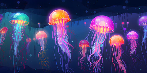 Colorful jellyfish with neon glow illustration background - obrazy, fototapety, plakaty