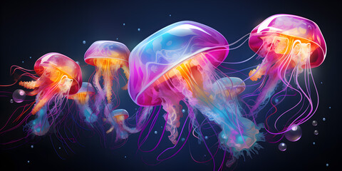Colorful jellyfish with neon glow illustration background