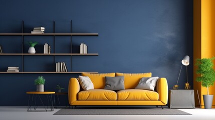 Accent lounge area in a large living room. Blue yellow colors. Empty dark navy wall background for art and bright yellow ocher mustard sofa accent. Mockup modern interior design. 3d rendering