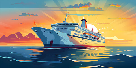 Cruise ship in the ocean illustration background - obrazy, fototapety, plakaty