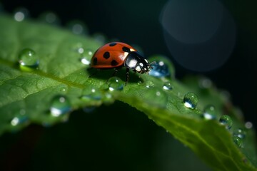 A ladybug on a green leaf covered in dew. Generative AI