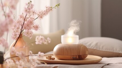 Fototapeta na wymiar Aroma diffuser, burning candle, cherry blooming flowers and perfume on wooden bamboo tray. Cozy home decor, hygge and aromatherapy concept. Comfortable atmosphere, spring delicious fresh smell