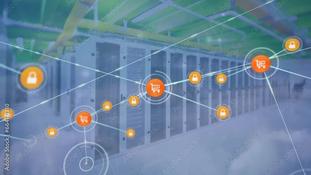 Poster animation of network of connections with icons over computer servers