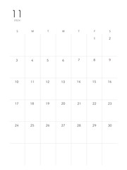 2024年11月November シンプルカレンダー 祝日表記なし - obrazy, fototapety, plakaty