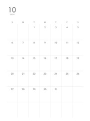 2024年10月October シンプルカレンダー 祝日表記なし