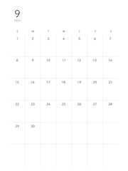  2024年9月September シンプルカレンダー 祝日表記なし