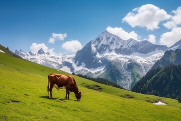 Fototapeta na wymiar Tranquil scene, cow grazing amidst snow-capped mountains in alpine meadows. Generative AI