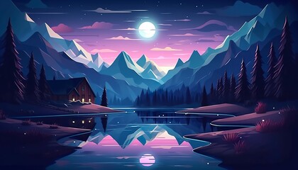 Moonlight mountain scene, house beside a lake.