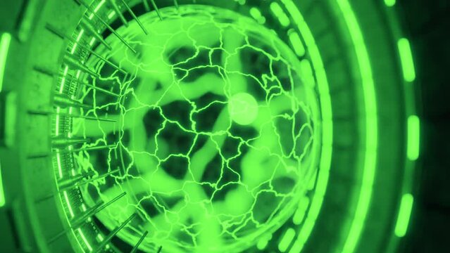 Pulsating green globe in a futuristic environment