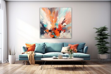 Photo of a cozy living room with a stylish blue couch and an eye-catching painting on the wall created with Generative AI technology