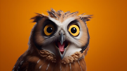 Naklejka premium funny owl, surprised owl, isolated on orange background