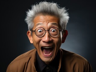 An elderly man with silver hair and glasses displays a playful, surprised expression against a dark background. His wide eyes and open mouth suggest astonishment or excitement