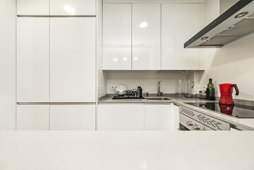 Furnished kitchen in a loft apartment with white furniture with gray stone countertops and stainless steel appliances