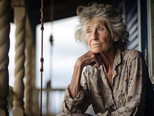 An elderly lady with wispy white hair gazes deeply with a contemplative expression, seated in a rustic setting.